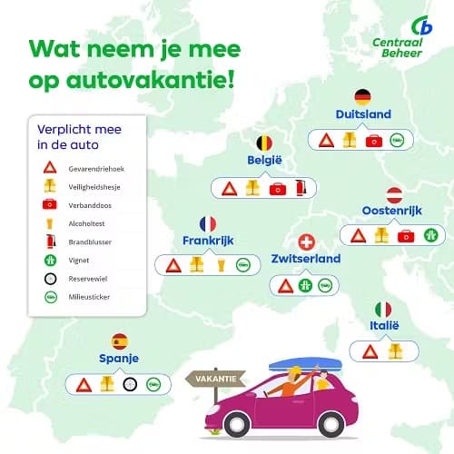 kaartje met landen wat neem je mee op autovakantie?